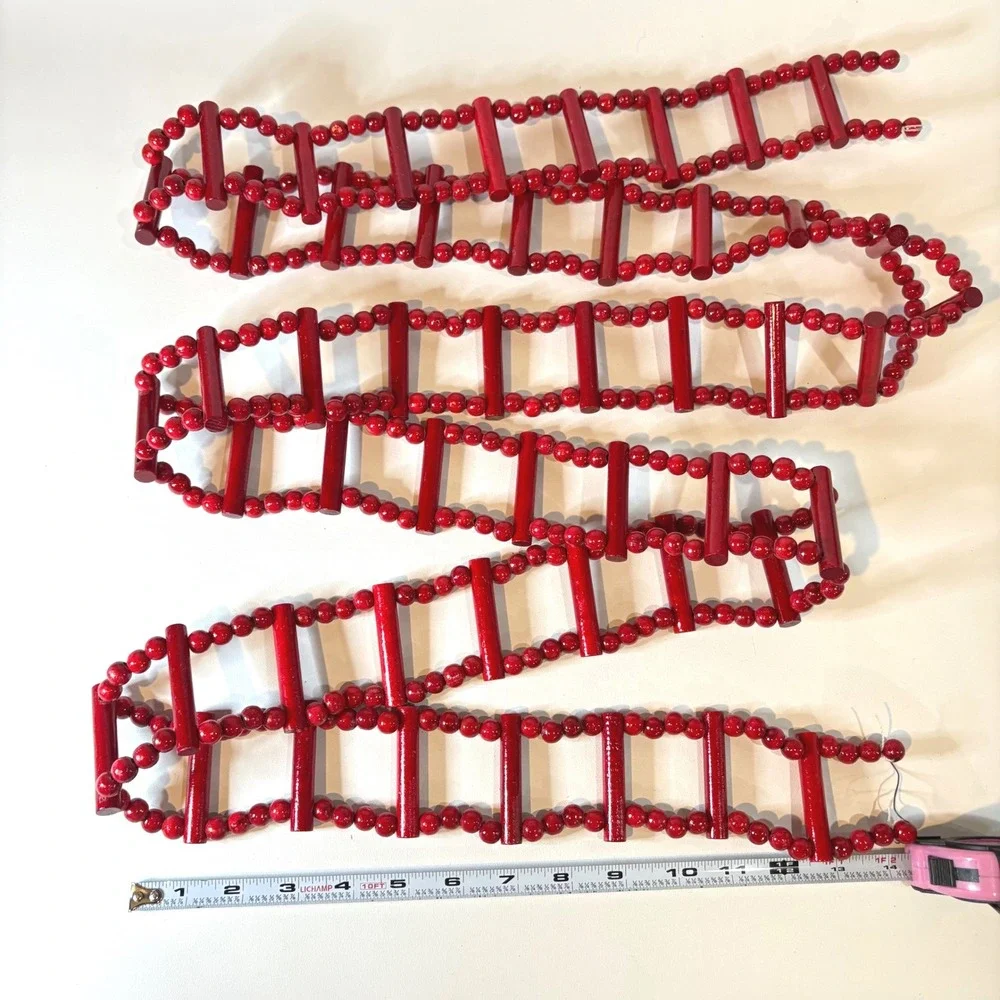 Vintage Red Wooden Bead and Dowel Christmas Garland 9 Feet Holiday Decor